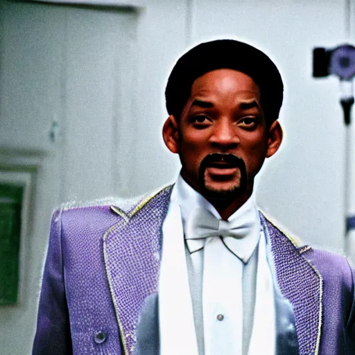 Image similar to a film still of Will Smith dressed as a pimp in a 1970s Blaxploitation film, portrait, 40mm lens, shallow depth of field, close up, split lighting, cinematic