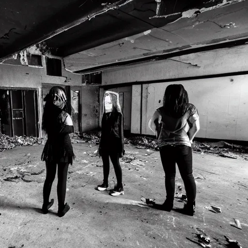 Prompt: 4 goth punks watching a black hole forming in the grimy grungy basement of an abandoned apartment block, grainy black and white photography