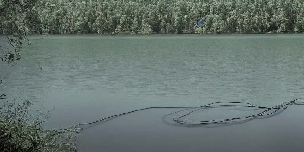 Image similar to symmetrical color photograph of a very long rope on the surface of the water, the rope is snaking from the foreground stretching out towards the center of the lake, a dark lake on a cloudy day, trees in the background, anamorphic lens