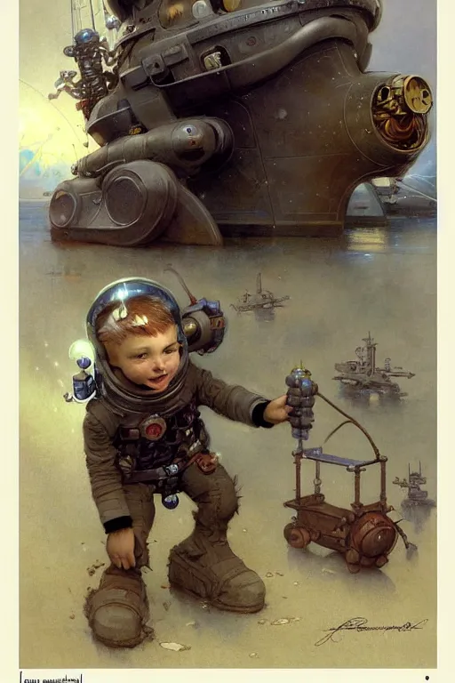 Image similar to childrens book layout ( ( ( ( ( 2 0 5 0 s retro future 1 0 year boy old super scientest in space pirate mechanics costume. muted colors. ) ) ) ) ) by jean - baptiste monge, tom lovell!!!!!!!!!!!!!!!