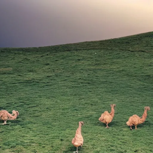 Image similar to a dreamlike landscape where all the hills are made of chicken skin and they have those little bumps and look kind of damp. Along the landscape walks a green skinned six legged camel.