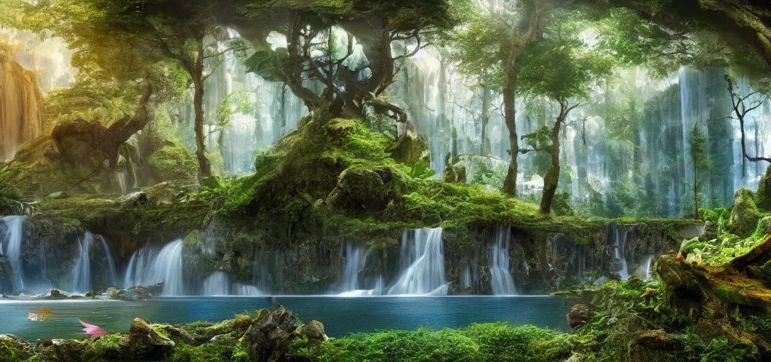 Image similar to a beautiful futurist forest island with waterfall floats in the air, matte painting, 4 k, details