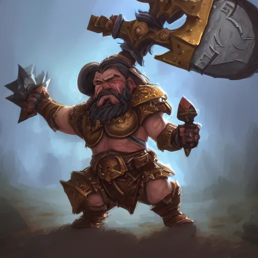 Prompt: dwarf in heavy armor holding a large warhammer and riding a boar mount, highly detailed, digital painting, artstation, concept art, matte, sharp focus, illustration, hearthstone