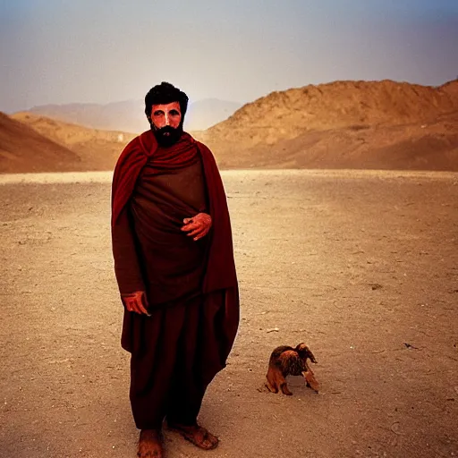 Prompt: portrait of felix beiderman as afghan man, green eyes and red scarf looking intently, photograph by steve mccurry