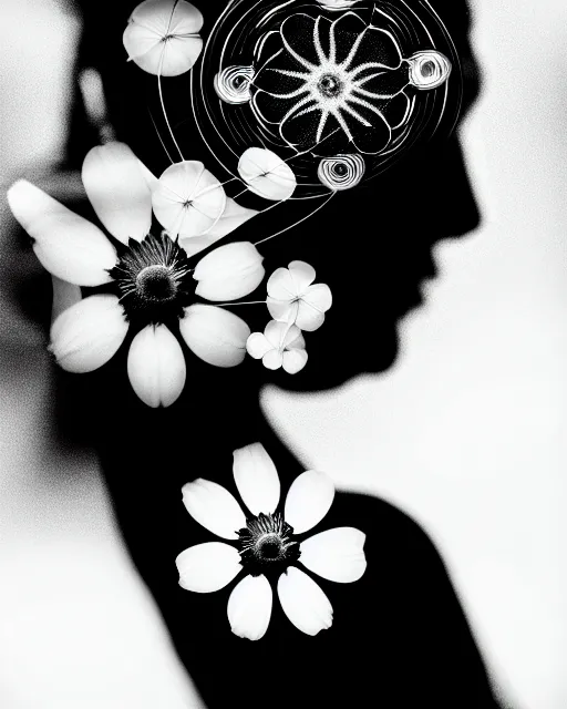 Image similar to black and white dreamy spiritual flower - fish - cyborg high quality portrait photo, microchip leaves, artificial intelligence, cinematic, rim light, photo - realistic, elegant, high detail, 8 k, masterpiece, high fashion