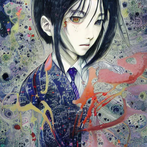 Prompt: yoshitaka amano realistic illustration of a manga girl with black eyes and long wavy white hair wearing dress suit with tie and surrounded by abstract junji ito style patterns in the background, blurry and dreamy illustration, noisy film grain effect, highly detailed, oil painting with expressive brush strokes, weird portrait angle, twin peaks color palette