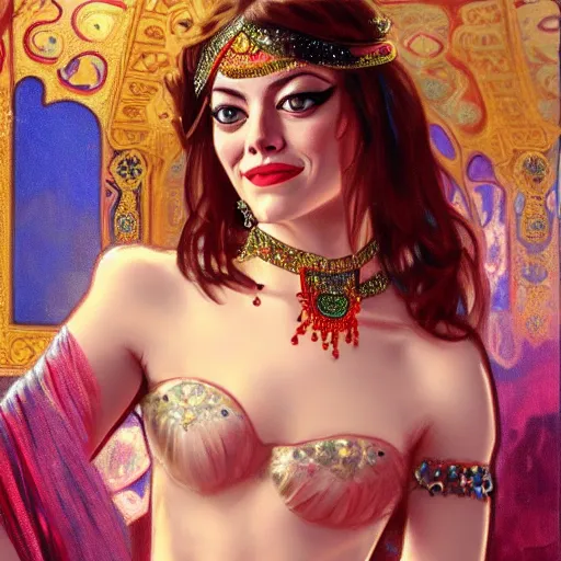 Image similar to a photorealistic portrait of emma stone dressed as a belly dancer, arabian night, high quality, fully detailed, 4 k, in focus sharp face with fine details, realistic hand details and anatomy composition, inspired by belly dancer on youtube, alphonse mucha, masterpiece, stunning