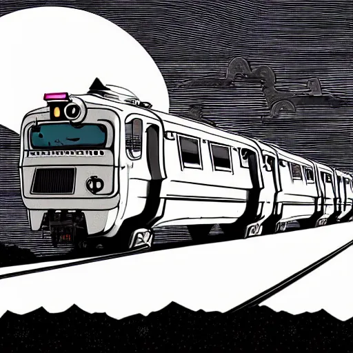 Image similar to a study of cell shaded cartoon limousine train from howl's moving castle ( 2 0 0 4 ) on a desert road, in front of a big moon, full body, wide shot, very muted colors, post grunge, studio ghibli, laurie greasley, highly detailed, deviantart, art by artgem