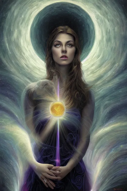 Prompt: gorgeous psychic woman, opening third eye chakra, dark theme night time, expanding electric energy waves into the ethereal realm, epic surrealism 8k oil painting, portrait, perspective, high definition, post modernist layering, by Sophie Anderson, Gerald Brom