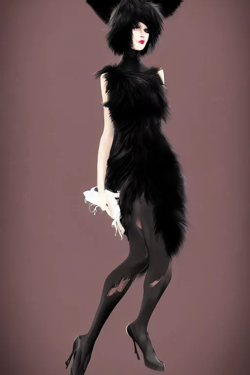 Prompt: full body aesthetic digital illustration of a beautiful young woman wearing a furry black cocktail dress, by wlop and Julia Razumova, realistic, photorealistic, cosplay, octane, deviantArt, trending on artstation, artstation HQ