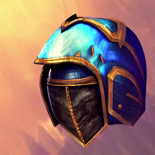 Prompt: Beautiful Blue Armet Helmet,with purple plume, rpg, digital art, dark background, runescape, skyrim, final-fantasy, trending on ArtStation