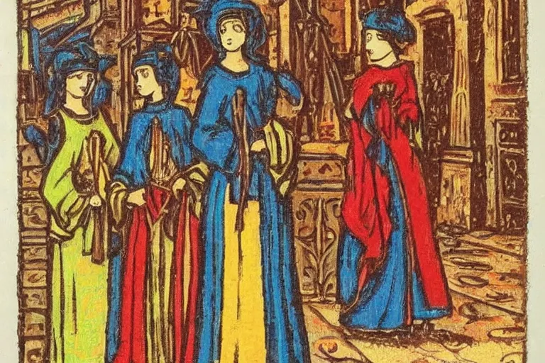 Prompt: parisian ladies on promenade byzantine style colour woodblock detailed fine quality print