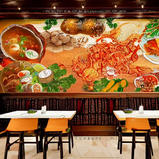 Prompt: a beautiful hyperdetailed 4 k hd wallpaper illustration interior of roasted string hotpot restaurant restaurant yan'an, wall painting, from china, with merchant logo, fine delicate structure, chinese style, victo ngai