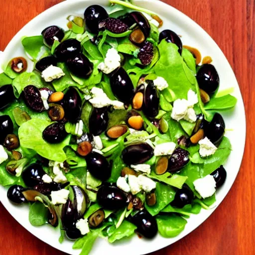 Image similar to a salad with black olives on it