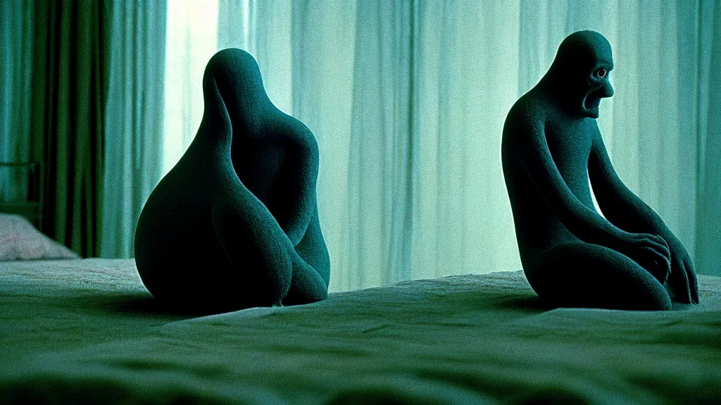 Prompt: a strange creature sits at the end of your bed, film still from the movie directed by Denis Villeneuve with art direction by Zdzisław Beksiński, close up, telephoto lens, shallow depth of field
