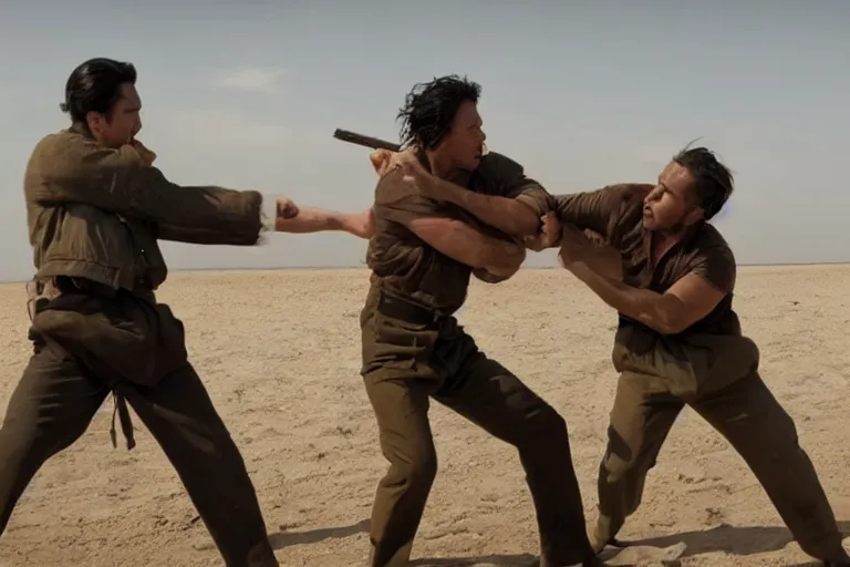 Image similar to film still of the best fight scene from the new pacific movie, set in dubai