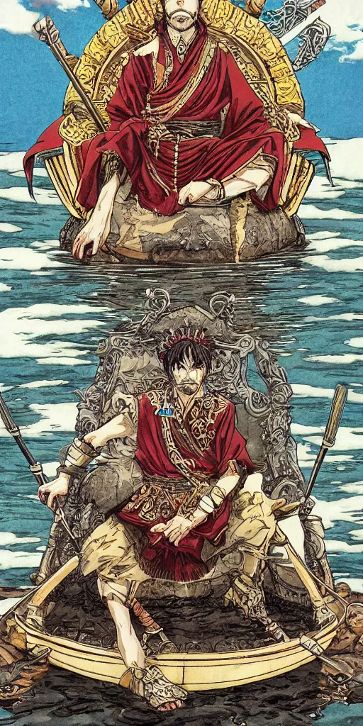 Image similar to a lone emperor sitting on a throne floating on water in the middle of a lake drawn by Makoto Yukimura in the style of Vinland saga anime, full color, detailed, psychedelic, Authority