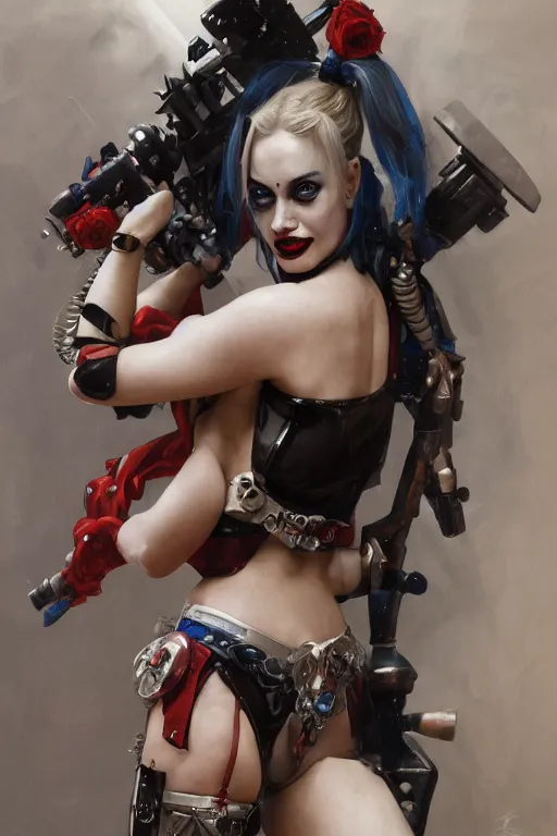 Image similar to a portrait of Harley Quinn in bikini armor, Warhammer 40000, cyberpunk, intricate, elegant, highly detailed, digital painting, trending on artstation, concept art, smooth, sharp focus, illustration, art by Ruan Jia and Mandy Jurgens and Artgerm and william-adolphe bouguereau and greg rutkowski and alphonse mucha