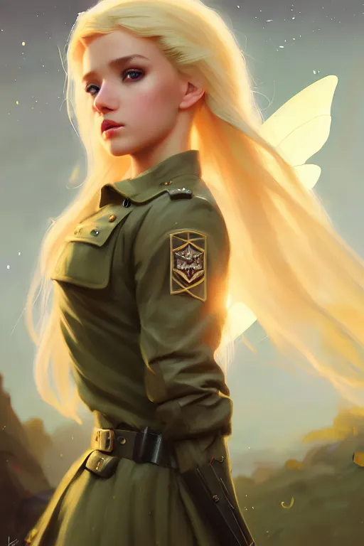 Image similar to cinematic shot of an epic portrait of a cute blonde fairy dressed in military clothes, stylised military clothes, shiny skin, beautiful eyes, beautiful, small details, night setting, realistic poster with volumetric light from craig mallism, artgerm, jeremy lipkin and michael garmash, unreal engine, radiant light, digital art, trends at art station, a masterpiece