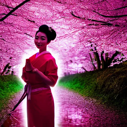 Prompt: beautiful full body portrait geisha walking on a trail through a forest of glowing cherry blossom trees with stream , beautiful face smiling, with cherry blossom in hand, ultra detail photo realistic cinematic neon lighting 4k shoot on Polaroid in 1977