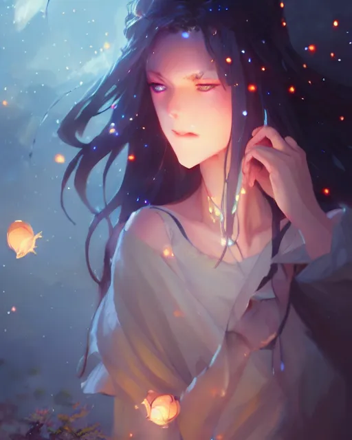 Prompt: goddess of the night surrounded by fireflies, wide angle view, cushart krenz, very detailed, realistic face, detailed face, matte, tonemapping, perfection, 4 k