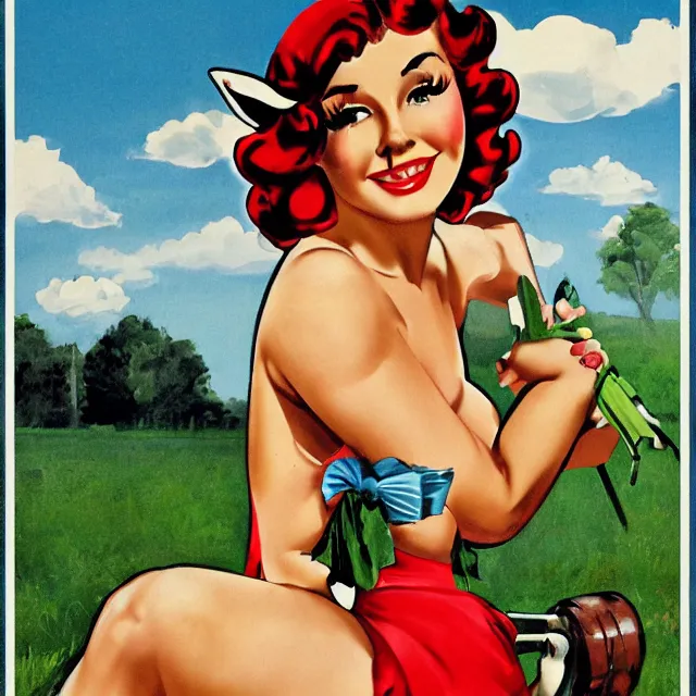 Prompt: pin - up poster of a cute farm girl by vargas