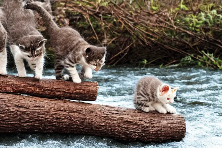 Image similar to kittens walking on a log that crosses a river