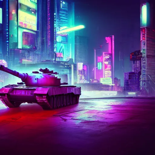 Prompt: high quality photo of a tank in a cyberpunk cyberpunk cyberpunk city, neon lights, realism, 8k, award winning photo, no water