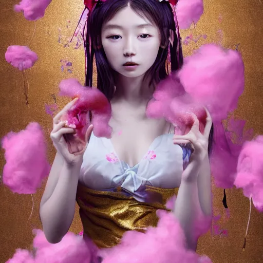 Prompt: 8 k, octane render, realism, tonalism, renaissance, rococo, baroque, portrait asian of a young lady wearing long harajuku manga dress with flowers and skulls, cotton candy!! ( background chaotic gold leaf flowers ) bikini