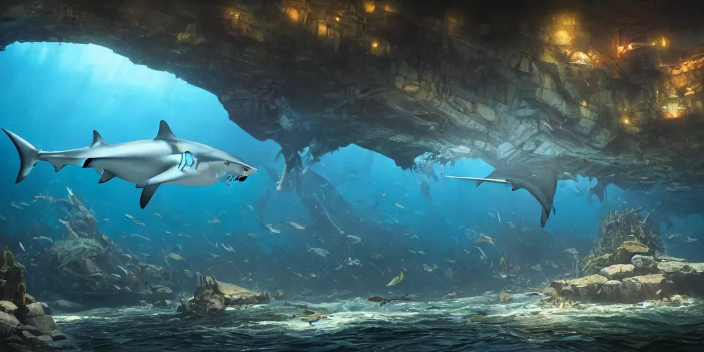 Image similar to a shark!!!!! in a huge aquarium!!!!!, vivid colors, digital art, landscape, fantasy art, octane render, unreal engine, high detail, very realistic, by greg rutkowski. by james gurney