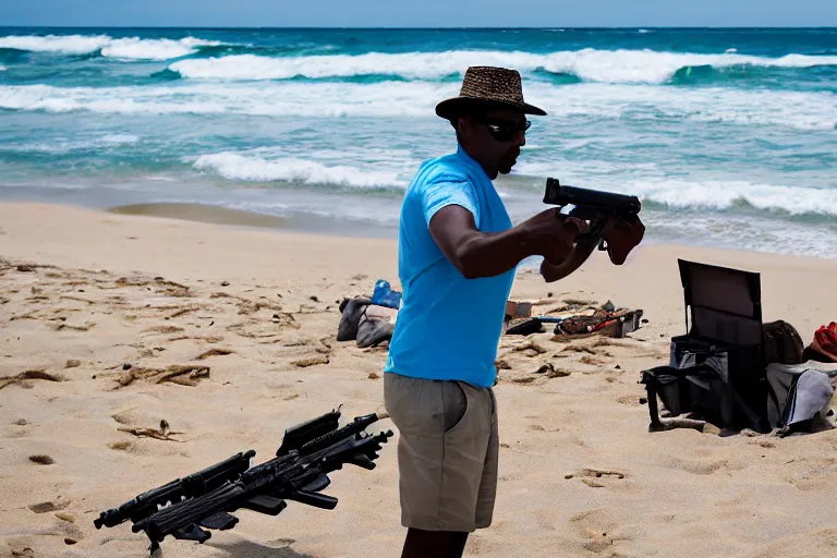 Prompt: photograhy of a guy selling guns in the beach, 4k