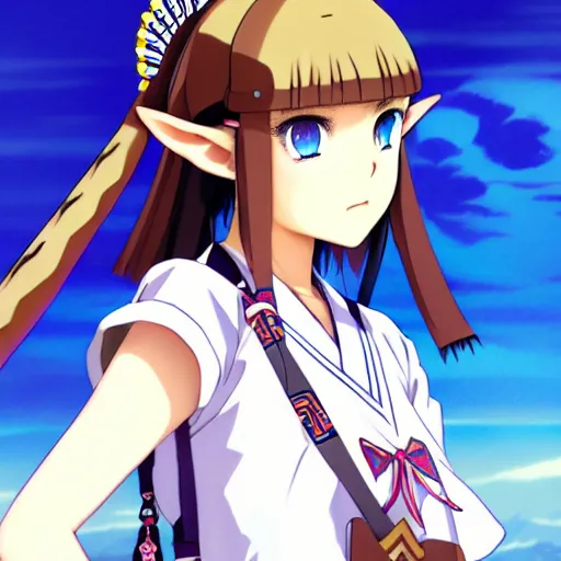 Image similar to a beautiful boyish zelda alluring gravure model, wearing japanese school girl outfit with mayan pattern and native style, modern aztec street fashion, perfect anime face, gapmoe yandere grimdark, trending on pixiv fanbox, painted by greg rutkowski makoto shinkai takashi takeuchi studio ghibli, akihiko yoshida