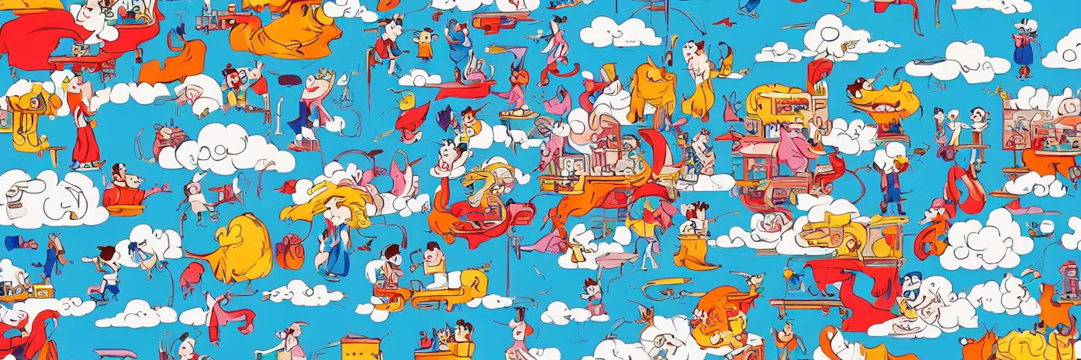 Image similar to a fantastical cartoon world in the clouds, barber shop, street market, nimbus clouds, cartoon characters with big teeth, small chinese style dogs, extremely wide shot, strong composition, fun and playful colors, thick ink lines, in the style of billy wu, trending on behance.