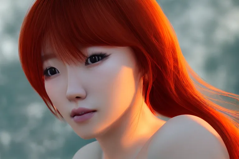 Prompt: hyperrealistic portrait of stunningly beautiful redhead korean girl, lit in a dawn light, trending on artstation,ultrawide angle, f8 , polarizer , unreal engine