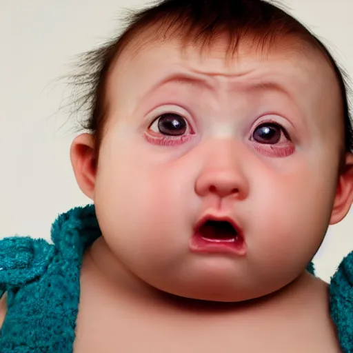 Prompt: ugly baby with big eyes, looking forward, confused expression, fat rolls, high quality,