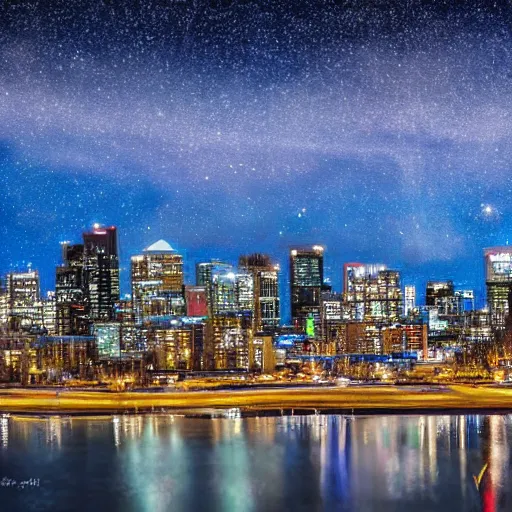 Image similar to calgary cityscape skyline in the style of starry nights