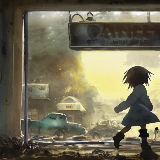 Image similar to incredible wide screenshot, ultrawide, simple watercolor, rough paper texture, made in abyss movie scene, backlit distant shot of girl in a parka running from a giant moster invasion side view, yellow parasol in deserted dusty shinjuku junk town, broken vending machines, bold graphic graffiti, old pawn shop, bright sun bleached ground, mud, fog, dust, windy, scary robot monster lurks in the background, ghost mask, teeth, animatronic, black smoke, pale beige sky, junk tv, texture, dusty, dry, pencil marks, genius party,shinjuku, koji morimoto, katsuya terada, masamune shirow, tatsuyuki tanaka hd, 4k, remaster, dynamic camera angle, deep 3 point perspective, fish eye, dynamic scene