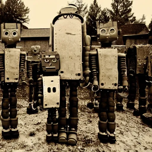 Prompt: the most creepy family photo of robots, 200mm lens, post apocalyptic, sadness, depression, screaming, crying, auschwitz camp