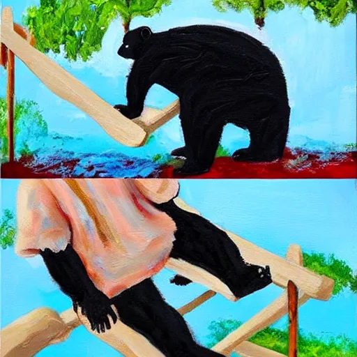 Image similar to beautiful acrylic! impasto! painting of a sad, crying panda bear on a playground swing