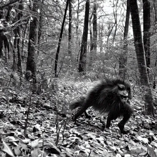 Prompt: an old photo of a creature stalking in the woods