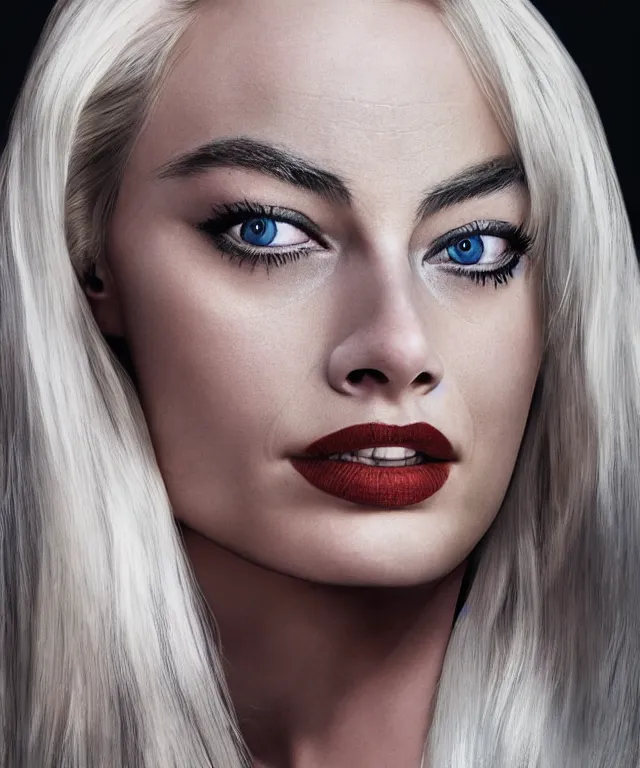 Image similar to photo of margot robbie, platinum blond, intense, exaggerated facial features, photorealistic caricature, by sebastian kruger