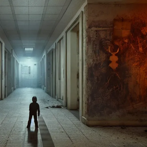 Image similar to michael meyers in a hallway of an abandoned asylum, au naturel, hyper detailed, digital art, trending in artstation, cinematic lighting, studio quality, smooth render, unreal engine 5 rendered, octane rendered, art style by klimt and nixeu and ian sprigger and wlop and krenz cushart