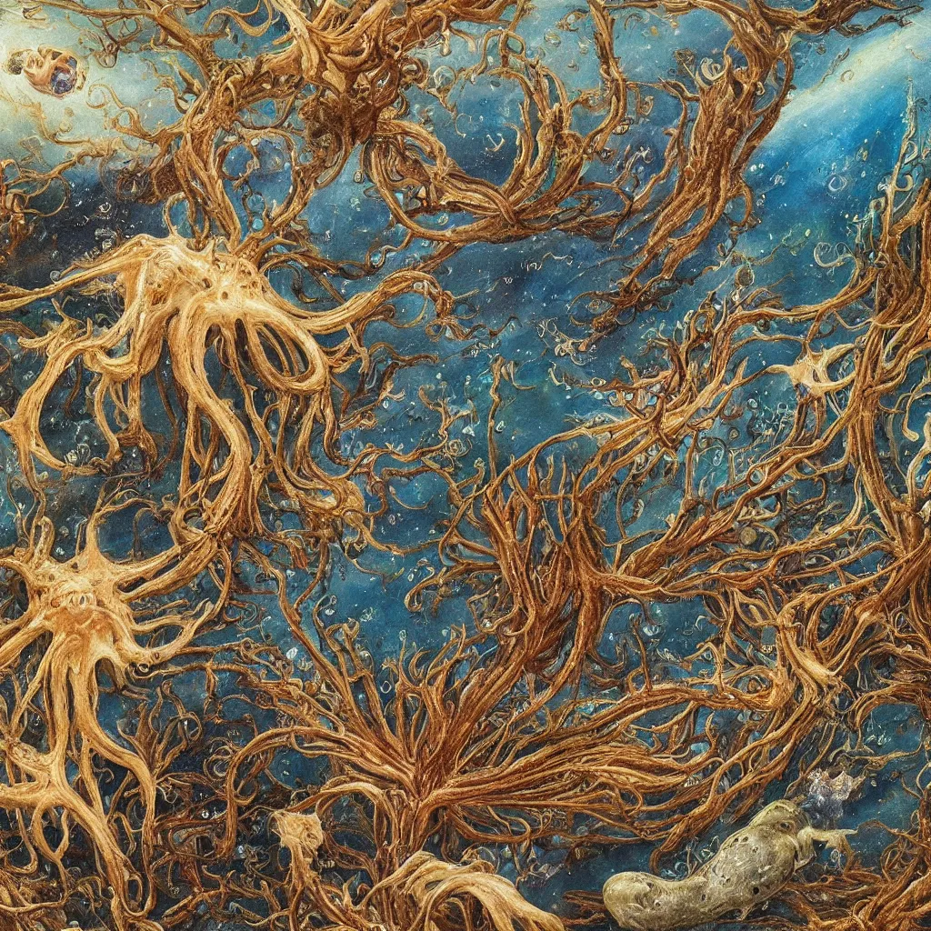 Image similar to beautiful and artistic mycelium on a fantastic planet and unusual inhabitants of the oceans, highly detailed, Allegorical Painting