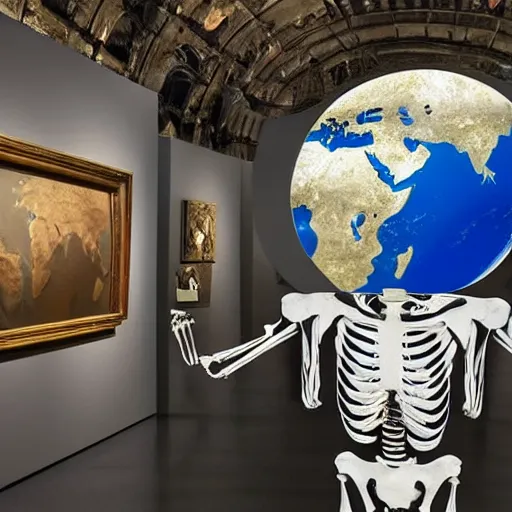 Image similar to A human skeleton in a museum with a picture of planet Earth next to it, science fiction