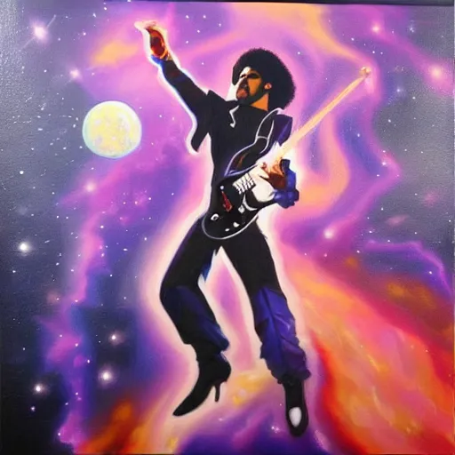 Prompt: a painting of prince in space in the style of pablo bell. trending on artstation.