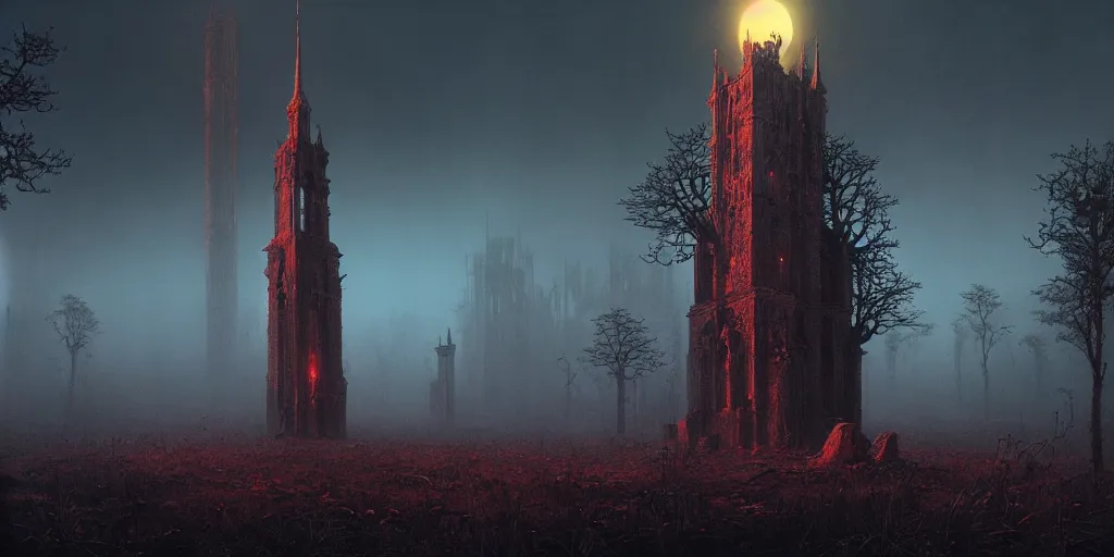 Prompt: cinematic landscape, nightmare gothic tower emanating an eerie glow rising from a haunted forest by zdzisław beksinski, photorealistic ultrasharp hyperdetailed octane render