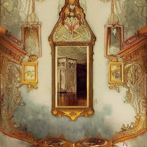 Image similar to a beautifull intricate watercolour painting of a victorian room with mirror, reflexions, verry high details by william turner art, greg rutkowski and alphonse mucha, trending on artstation, very very detailed, masterpiece, - h 7 0 4