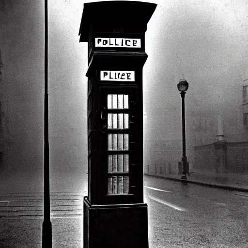 Image similar to A hyperdetailed 1920s era photograph of a Police Public Call Box sat on a street corner, night, dense fog, rain, HD, 8K resolution