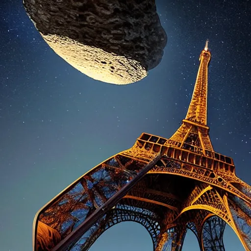 Image similar to an asteroid the size of the moon crashing into the eiffel tower at the point of impact.