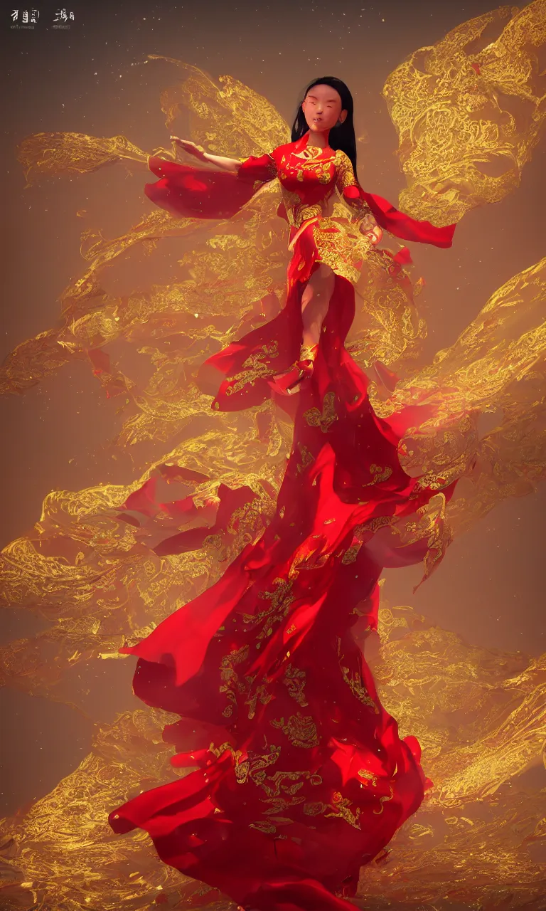 Prompt: chinese princess, dance, fairy, beautiful, stunning, red and gold dress, spinning in the sky, unreal engine, concept art, photo realism, film, james jean, akira, satochi con, character design, void arcanist, mist, photorealistic, octane render, unreal engine, hyper detailed, volumetric lighting, 8 k